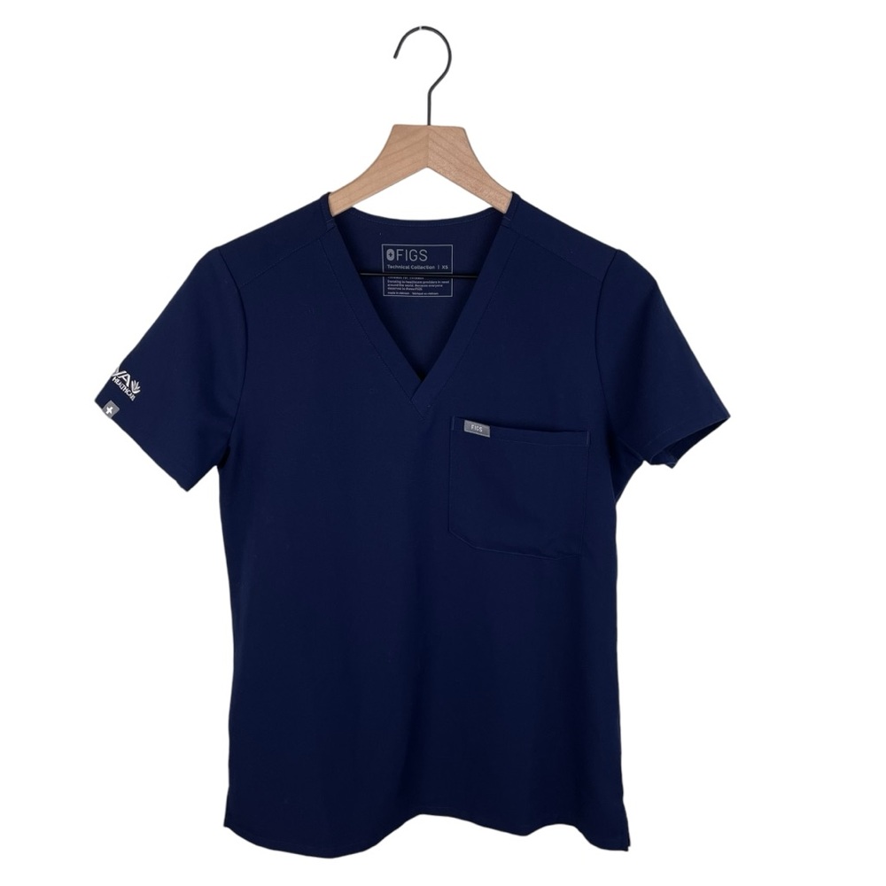 Figs Catarina One Pocket Scrub Top Navy Blue Aya Healthcare Embroidered Size XS
